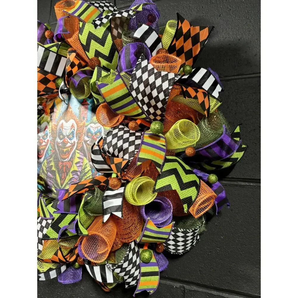 Scary Halloween Wreath Creepy Killer Clowns Handmade XL 24 Inch Deco Mesh